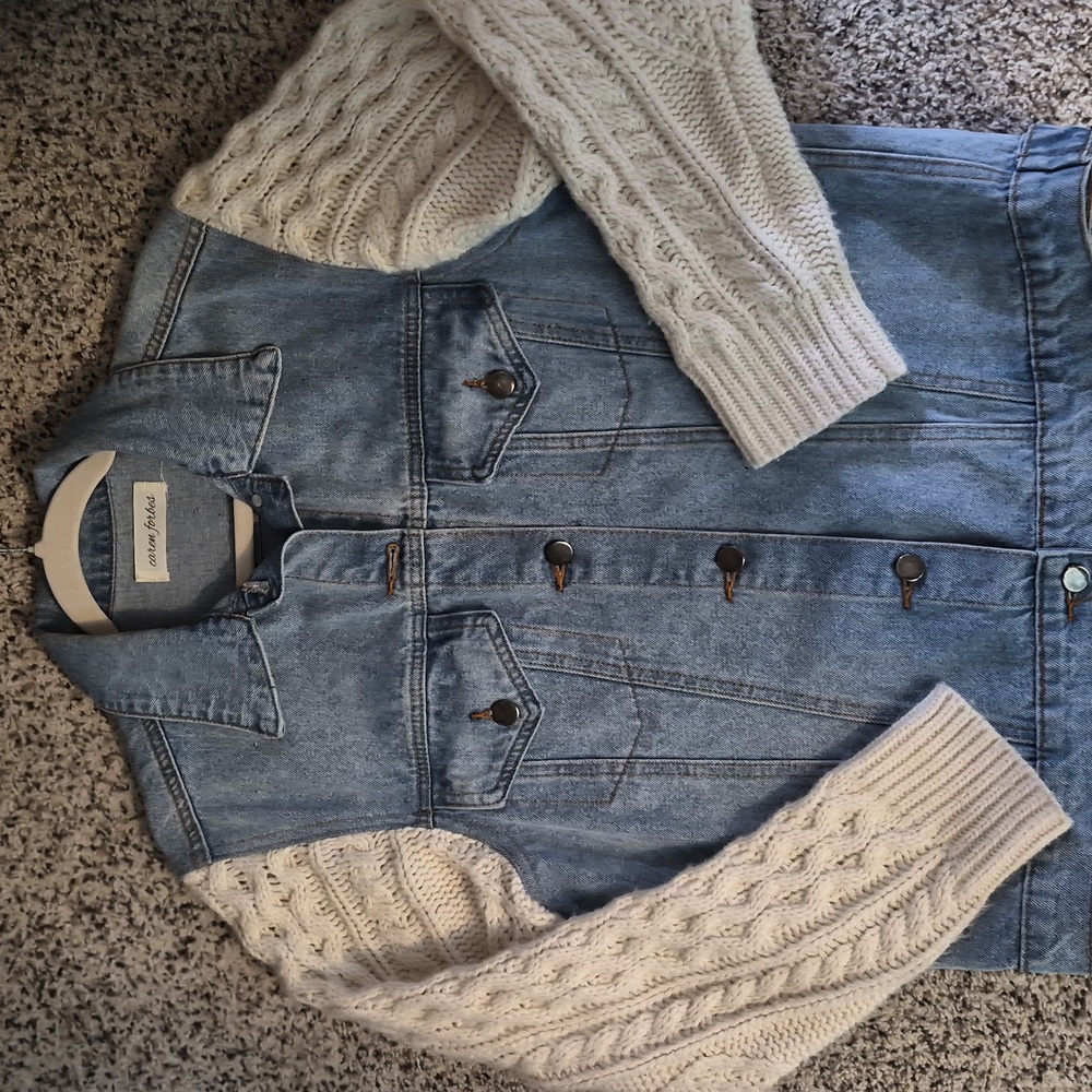 Caren Forbes 2fer Cable Knit Sweater sleeve Denim Button  jacket Sz S